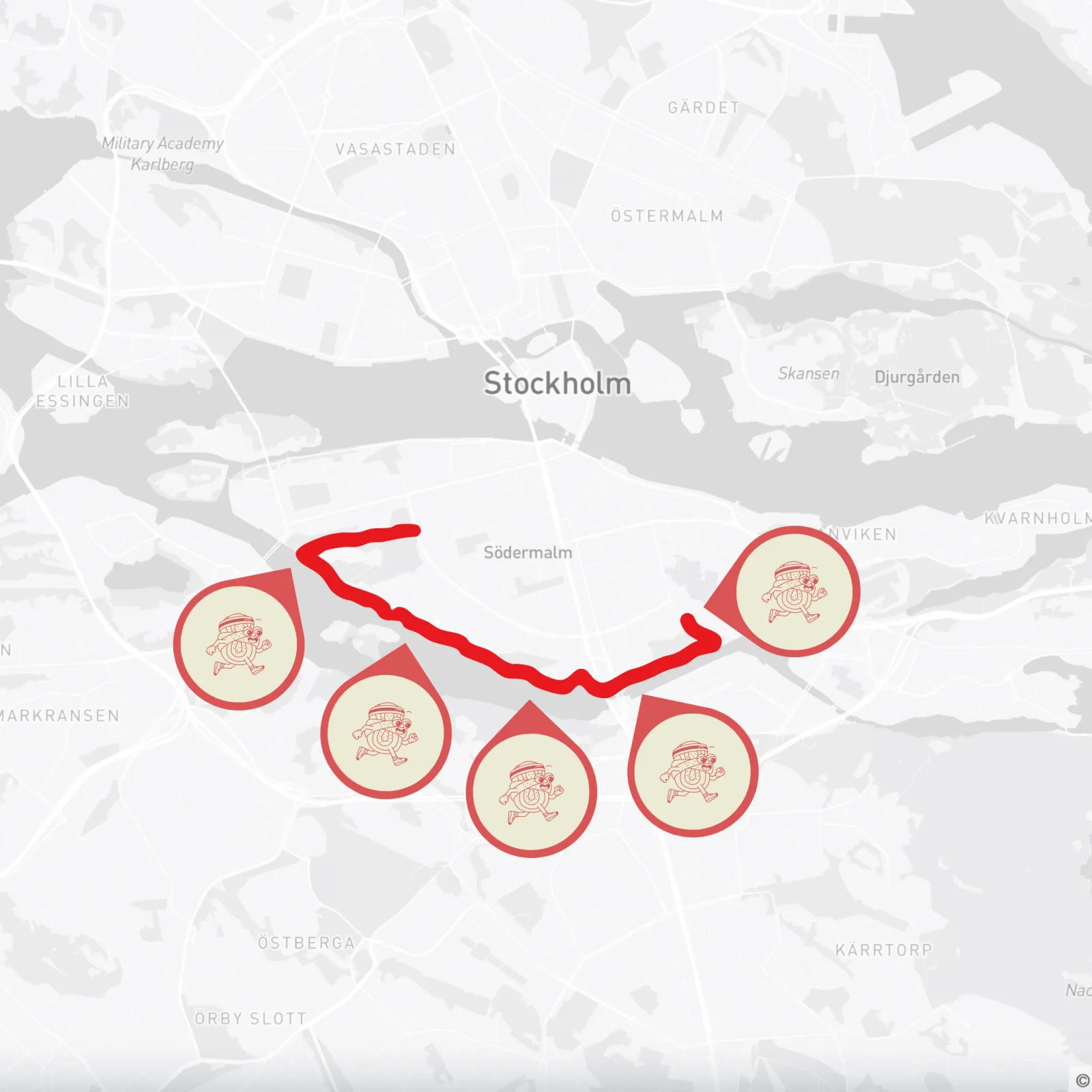 BunRun-rutt på karta över Stockholm