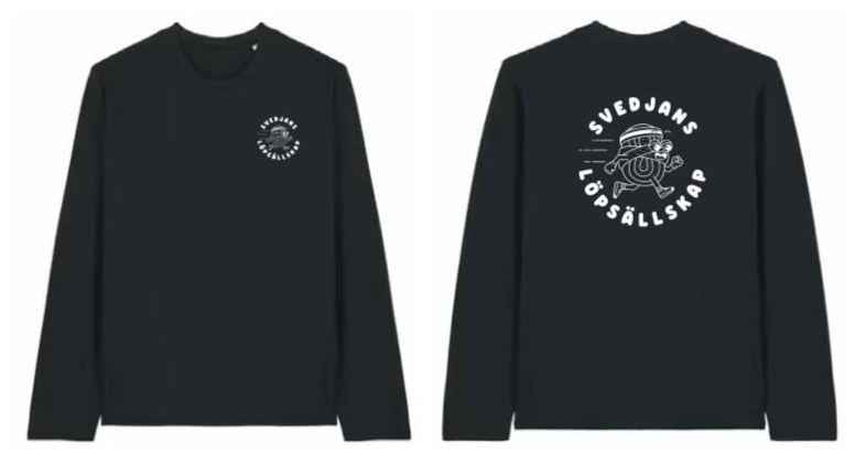 Svedjans Löpsällskap longsleeve, black: a small logo on the left chest, a large one on the back