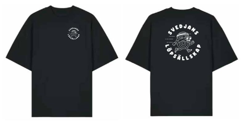Svedjans Löpsällskap t-shirt, black: a small logo on the left chest, a large one on the back